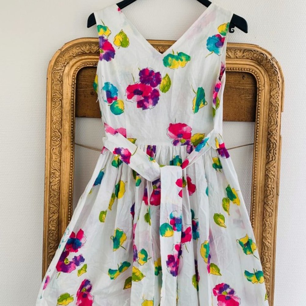 Vintage floral flared party dress M 38 Size 6 US French